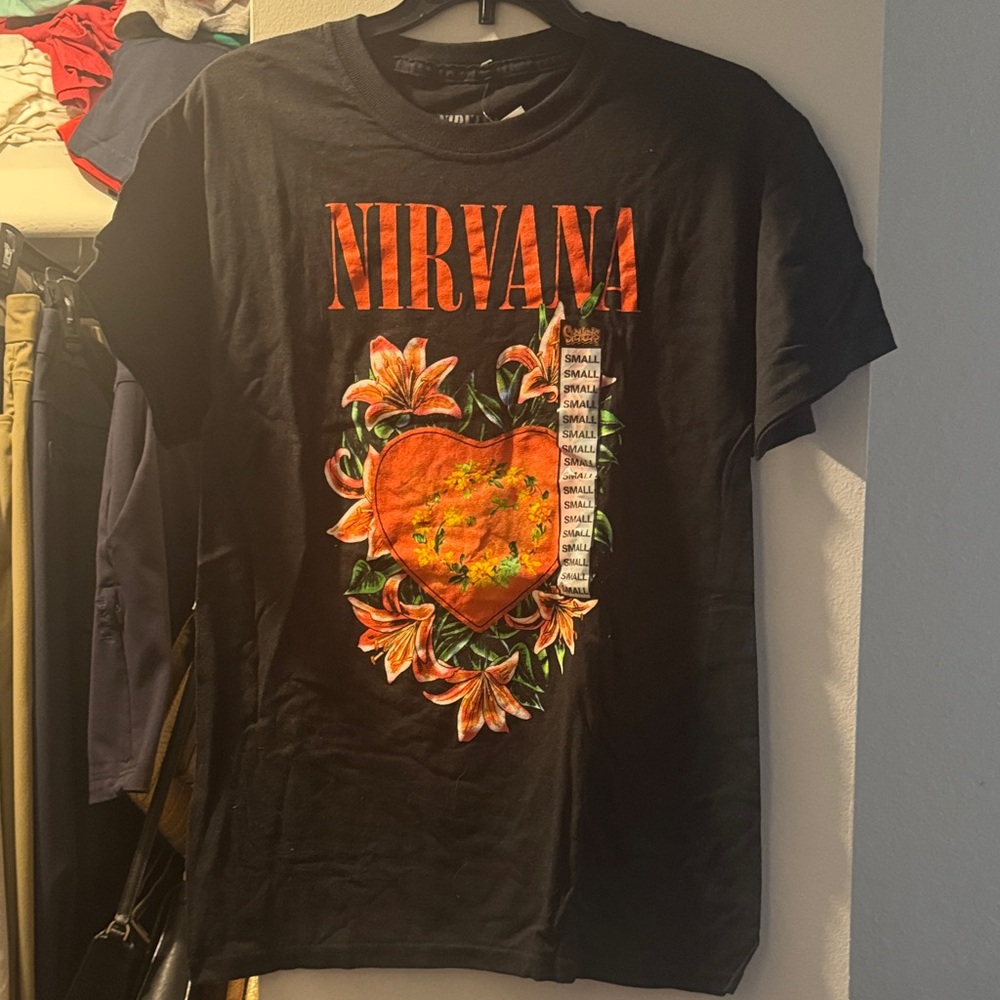 NIRVANA Black Tee with Orange and Green Floral Design